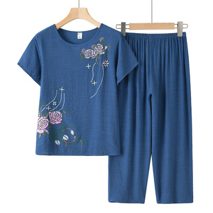 Mother's Summer Suit Printed Old Lady's Short-sleeved Cotton-linen Loose Old Man's Summer Clothes Two-piece Set