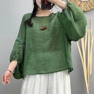 Retro Ramie Solid Color Round Neck Shirt Women's Summer Literary Loose Large Size Slimming Lantern Sleeve Top