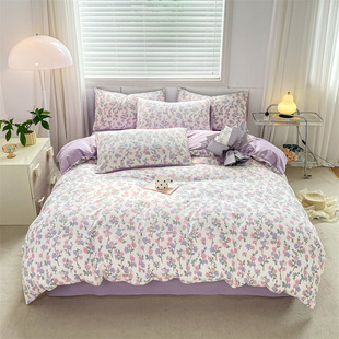 Class A Washed Cotton Double-layer Yarn Four-piece Set Four Seasons Skin-friendly Household Bed Sheet Quilt Cover Student Dormitory Single Three-piece Set