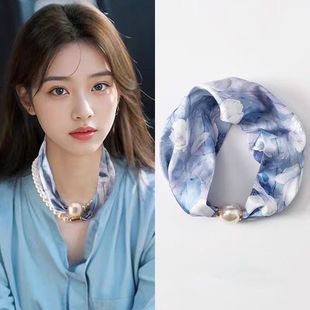 New Korean-style Magnetic Buckle Pearl Necklace Silk Scarf Women Pure Pink Spring and Autumn Thin Scarf