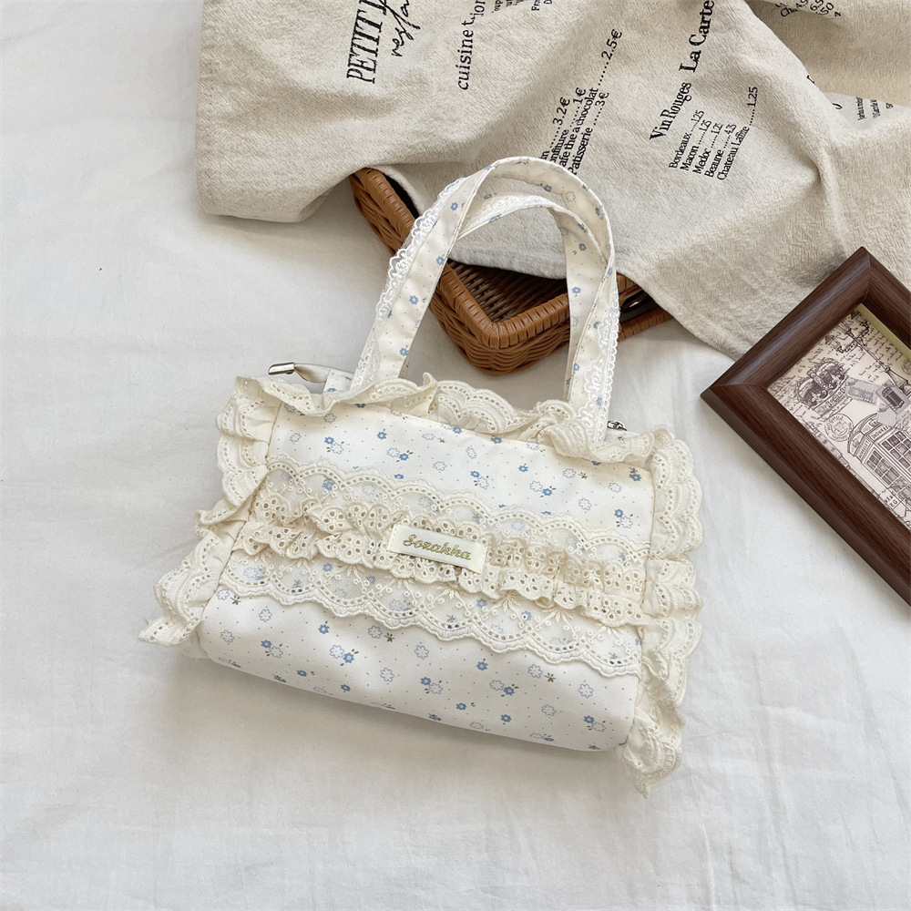 58316 Lace Floral Canvas Bag for Women, 2025 New Fashionable Casual Commuter Tote Bag with Lace Trim Handbag