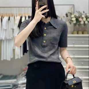POLO Collar Knitted Shirt Short Sleeve Women's European Loose Lapel Shirt Summer Worsted Wool Thin T-Shirt Top Half Sleeve