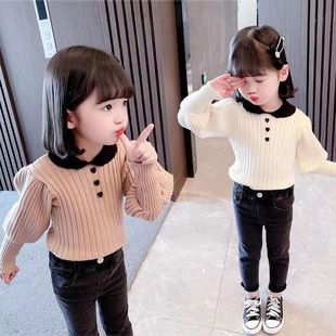 Girls' Slim-fit Bottoming Shirt 2022 Autumn New Fashionable Autumn and Winter Doll Collar Top Baby Long-sleeved T-shirt