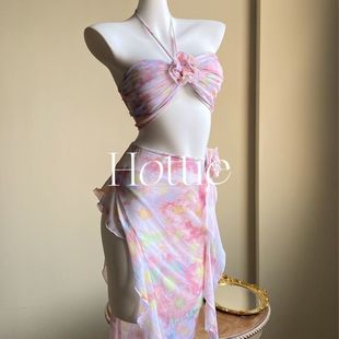 New Pink Bikini floral split skirt swimsuit women's three-piece set holiday seaside small chest ins pure desire