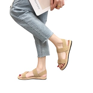 Women's elastic band cross flat shoes 2023 new sandals women's summer wear imitation straw woven linen Roman sandals