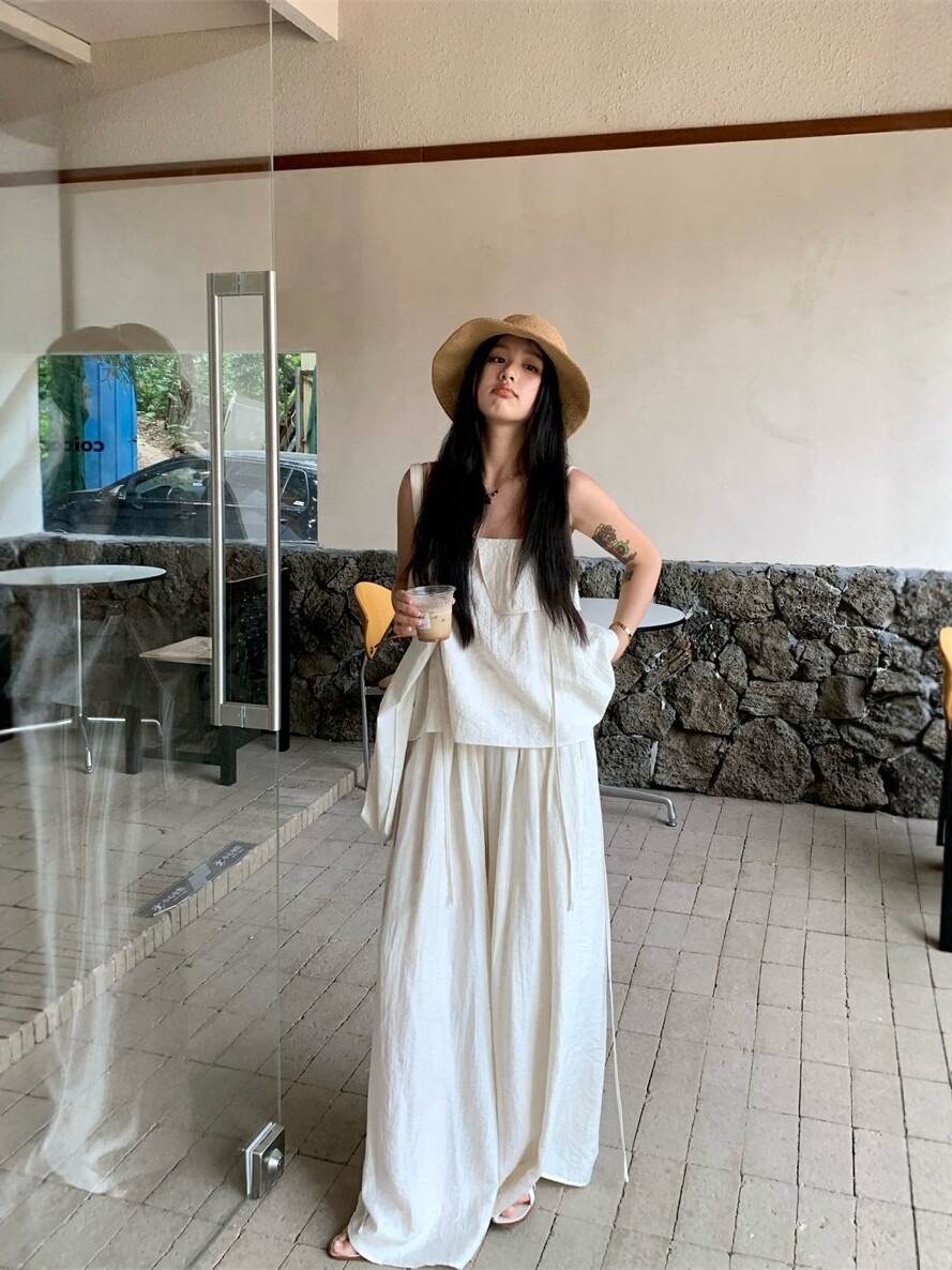 Live-Stream E-Commerce Women's Summer Vacation Style Loose Solid Color Wide-Leg Pants Two-Piece Set Korean Gentle Style