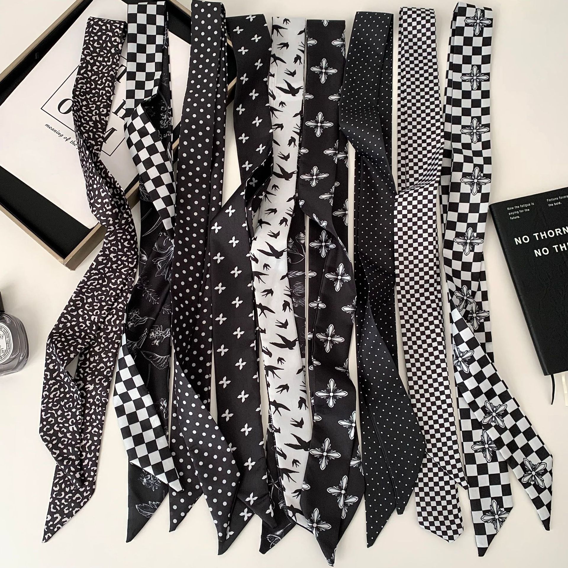 140cm Long Silk Scarf New Style Ins Narrow Neck Scarf Women's Silk Scarf Polka Dot Plaid Ribbon Headscarf Hair Tie Belt