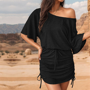 2024 Summer New Casual Slim Shoulder Collar Slim Fit dress Amazon Hot Drawstring Hip Skirt Skirt Women