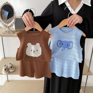 Детский вязаный костюм для детей 0-5 лет, летняя корейская детская одежда, модный жилет с героями мультфильмов для мальчиков, шорты, комплект из двух предметов AT142