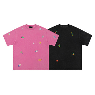 American Style Retro Old Fun Printed Short-sleeved T-shirt Men's and Women's Trendy Brand Loose Design Sense Couple's Pink Wash Shirt