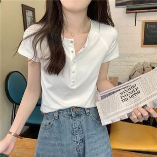 Niche Design Sense Summer New All-match Slim-fit T-shirt Women's Short-sleeved Unique Short Button Top Ins Trendy