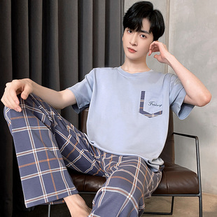 Cartoon cotton pajamas men's summer round neck short sleeve trousers thin casual plus size boys homewear suit