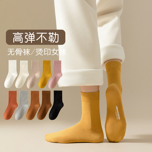 Boneless anti-Pilling hot stamping autumn and winter pile socks women's mid-calf socks pure cotton socks sweat-absorbent all-matching women's solid color