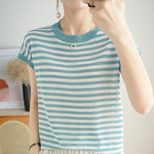 Round Neck Elegant Ice Silk Short-sleeved T-shirt Summer Linen New Loose Striped Base Shirt Linen Half-sleeved Top for Women