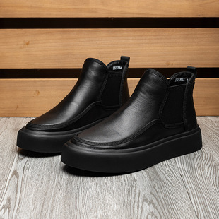 Factory Direct supply new casual high-top men's black slip-on fleece-lined casual men's matte leather shoes men's wholesale