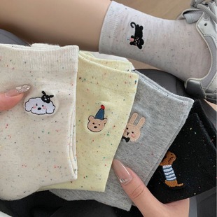 Dot Yarn Grey Socks Women's Mid-length Socks Spring and Autumn New Arrival Cartoon Embroidered Japanese Style Cute Autumn and Winter Piled Stocking Stockings