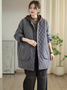 2024 New Hooded Diamond Plaid Cotton-padded Clothes Women's Thickened Artistic Style Warm Elegant Commuting Mid-length Cotton-padded Jacket