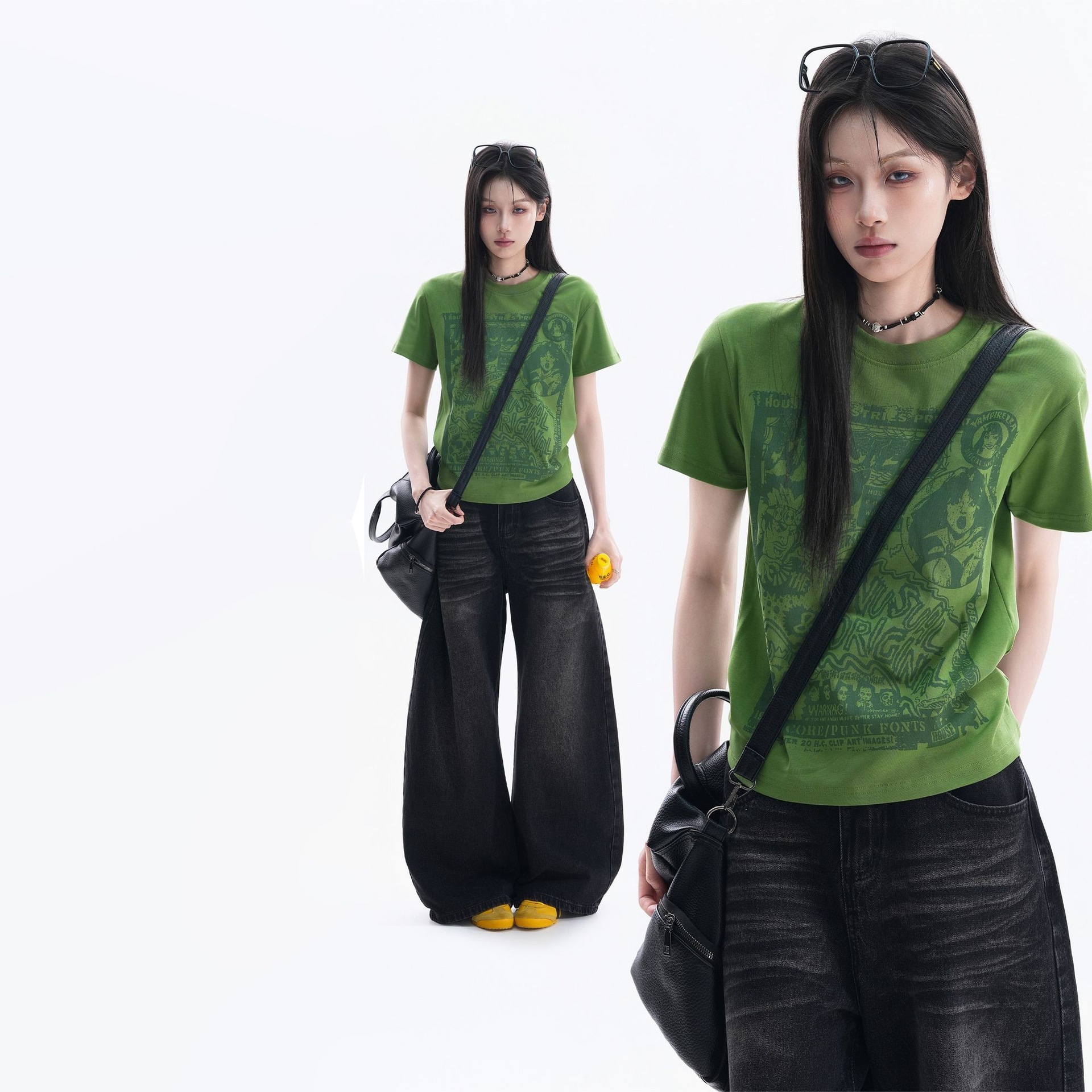 Green Hot Girl Style Round Neck Printed Short-Sleeved Shirt for Women's Summer Wear New American Retro Right-Shoulder Slim Fit Top