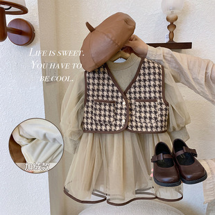 Girl's Dress Winter New Style Little Girl's Houndstooth Vest Vest Dress Set Fleece-lined Thickened Baby Girl's Dress