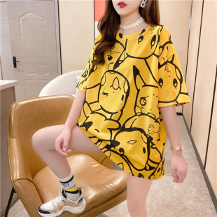 2023 Summer new short-sleeved T-shirt women's spring and summer Pikachu printed mid-length plus size loose top