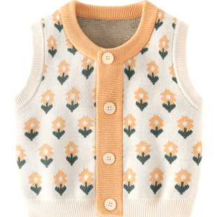 Autumn and Winter Girls' Knitwear Vest Cardigan Warm Sweater Girls' Korean Style Small Flower Crewneck Vest Class A Sweater