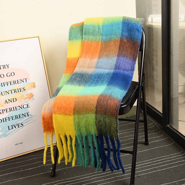 Women's Winter Scarf, Double-Sided Rainbow Plaid Shawl, Long Merino Wool Color-Blocked Scarf, Same Style for Men with Tassels