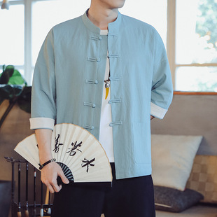 Chinese Style summer cotton and linen three-quarter sleeve shirt men's and women's Tang suit Chinese retro buckle plus size linen tea coat