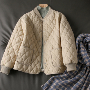 2024 New Style Western Style Cotton-padded Clothes for Female Students Korean Style Ins Winter Down Cotton-padded Jacket with Diamond-shaped Plaid Lightweight Small Cotton-padded Jacket