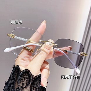High-grade photosensitive color-changing star trembles small red book anti-blue light female frameless cut edge high-definition myopia frame