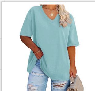 Cross-border European and American Women's 2024 Amazon Foreign Trade Printed Short-sleeved Side Pleated V-neck Short-sleeved Women's T-shirt