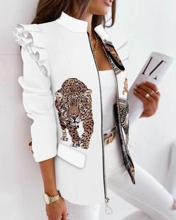 2024 independent station wish Amazon popular autumn and winter ruffled long sleeve zipper printed suit jacket for women