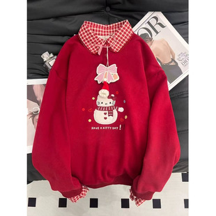 Korean-style Kitty Little Snowman Embroidered Fake Two-piece Long-sleeved Sweatshirt Women's Spring Academy-style Sweet Loose Top Ins