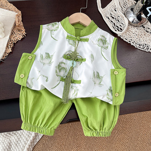 Hanfu Boy Summer Костюм в китайском стиле Детский тонкий без рукавов Жилет Baby Tang Китайский стиль ретро одежда