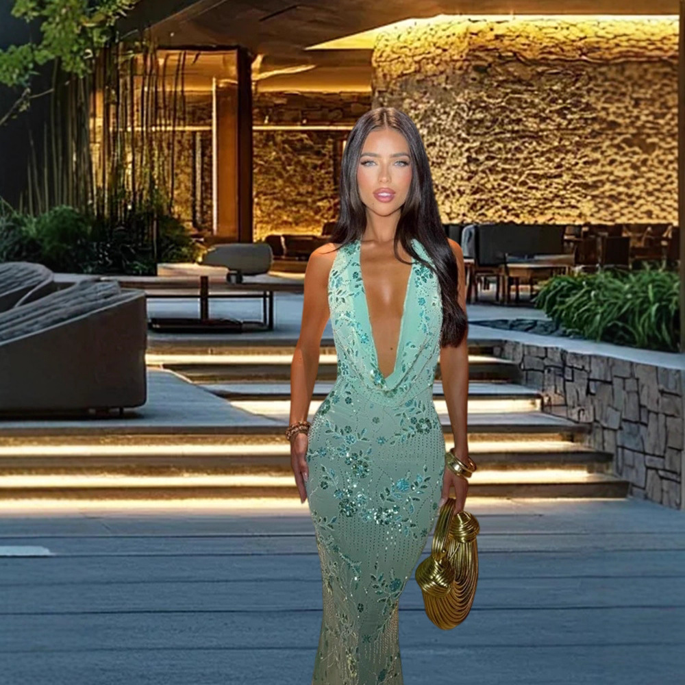 European and American Style Personalized Sequined Sleeveless Elegant Halter Neck Dress 2025, Beaded V-Neck Backless Long Dress