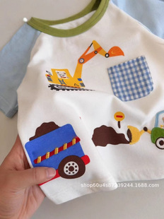 Japanese Boy's Excavator Short-sleeved T-shirt 2025 Summer New Arrival Men's Cute Cartoon Color Contrast Casual Top