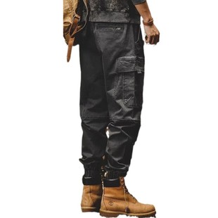 American-style retro overalls men's loose straight fashion brand autumn and winter casual pants men's wide-leg fleece-lined ankle-tied pants