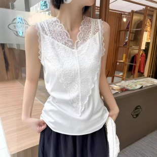 Lace Stitching Acetate Satin Camisole Women's 2025 Summer New V-neck Slim-fit Top Sleeveless Base Shirt