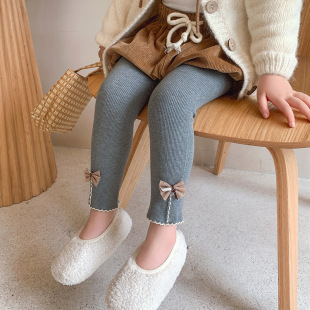 2022 Autumn Korean Style Thin Vertical Bow Children's Leggings Long Girls Nine-point Pantyhose Girls' Pantyhose