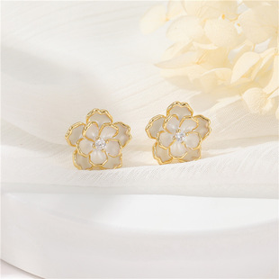 Zhongxing Summer Fresh Camellia Daisy Oil Drop Earrings Women's 925 Silver Needle High-Grade 14K Gold Earrings Accessories