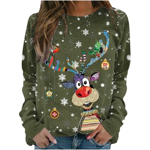2024 Autumn New Amazon wish AliExpress Christmas pattern 3D printed long sleeve round neck sweater for women