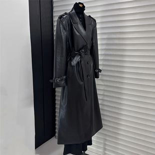 Autumn and Winter New Solid Color Leather Coat Women's High-end Suit Collar Long Loose Lace-up PU Leather Coat Coat Women