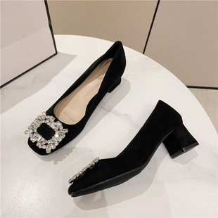 Chunky heel square head rhinestone high-end shoes women's shoes 2025 new spring and autumn high heels elegant commuter shoes