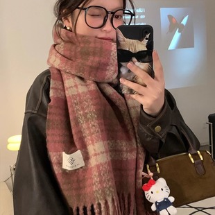 Raspberry Plaid Scarf High-grade Retro Plaid Tassel Scarf Women's Autumn and Winter Warm Long All-match Large Scarf