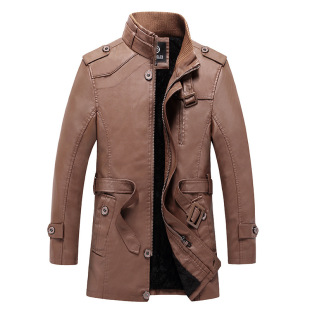 Leather men's winter foreign trade thickened plus velvet coat green middle-aged casual mid-length warm foreign trade cotton-padded jacket mid-length