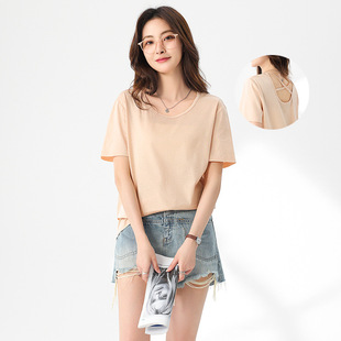 Yuyue Mulberry Silk Silk Cotton Linen T-shirt Women's Loose Simple Rear Collar Cross Design Loose Slimming Short Sleeve