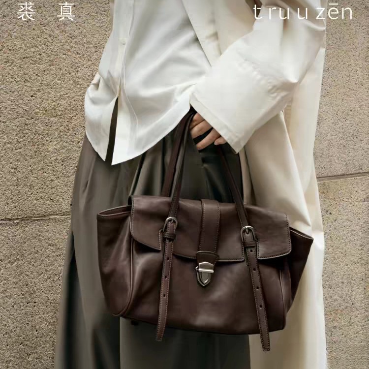 Real Vegetable-Tanned Sheepskin Baguette-Style Handbag for Women, Genuine Leather Large-Capacity Commuter Tote Shoulder Bag