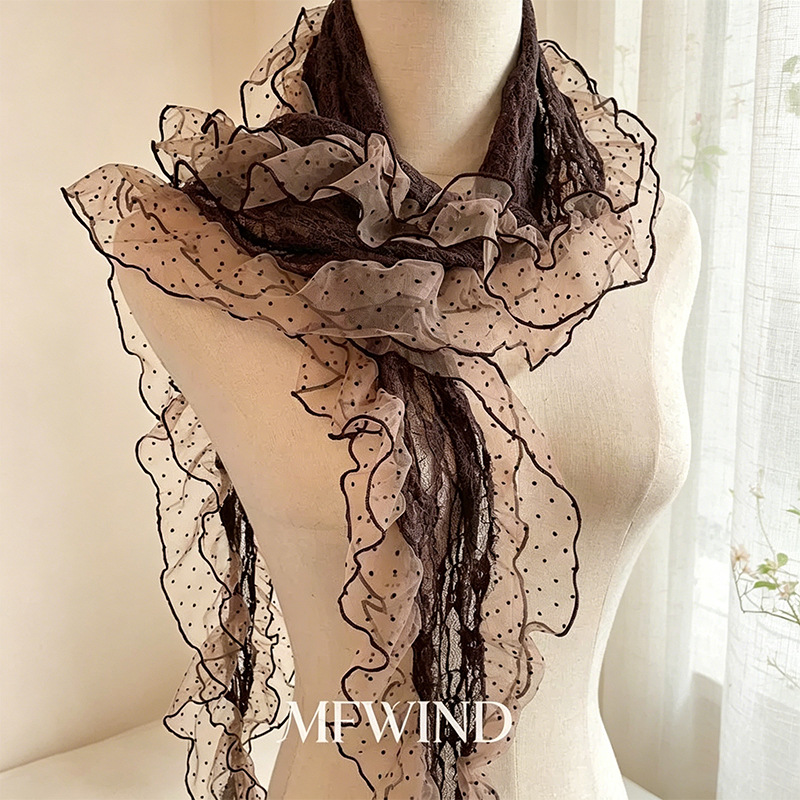New Double-Layer Mesh Lace Scarf with Sweet Girl Style, Polka Dots, Ruffles, and Decorative Ribbons, a High-End Accessory for Layering