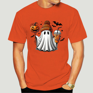 Men's Summer T-shirt Cute Ghost Coffee Pumpkin Halloween Pattern Printed Casual Sports O Collar Short Sleeve T-shirt Top