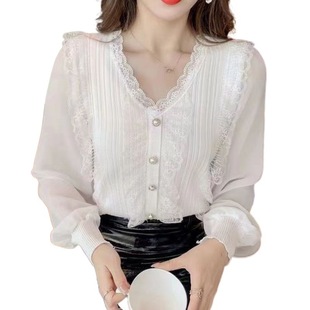 2024 New Spring and Summer Thin Shirt Stylish Long Sleeve Stitching Lace Chiffon Sleeve Top Fashionable Loose Women