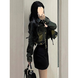 Hot Girl American Style Retro High-end Denim Short Jacket Women's Autumn Black Sling dress Two-piece Set